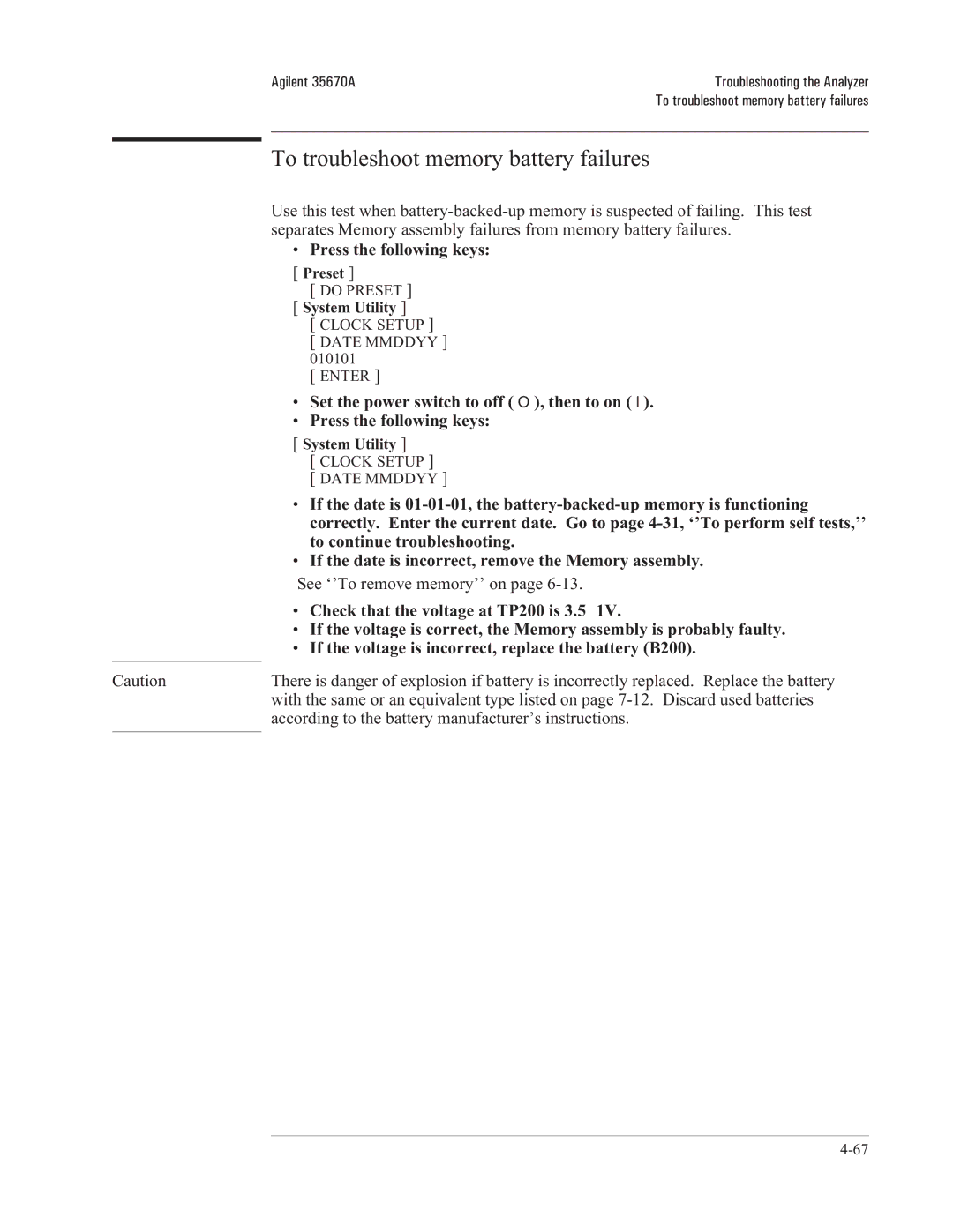 Agilent Technologies 35670-90066 manual To troubleshoot memory battery failures, Preset 