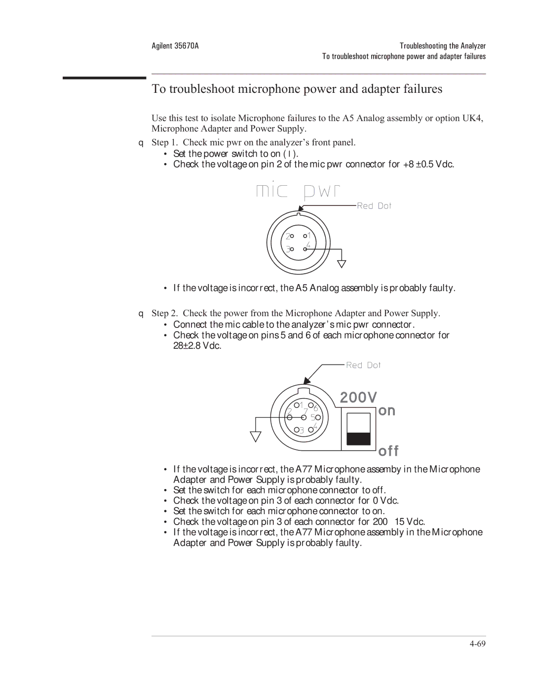 Agilent Technologies 35670-90066 manual To troubleshoot microphone power and adapter failures 