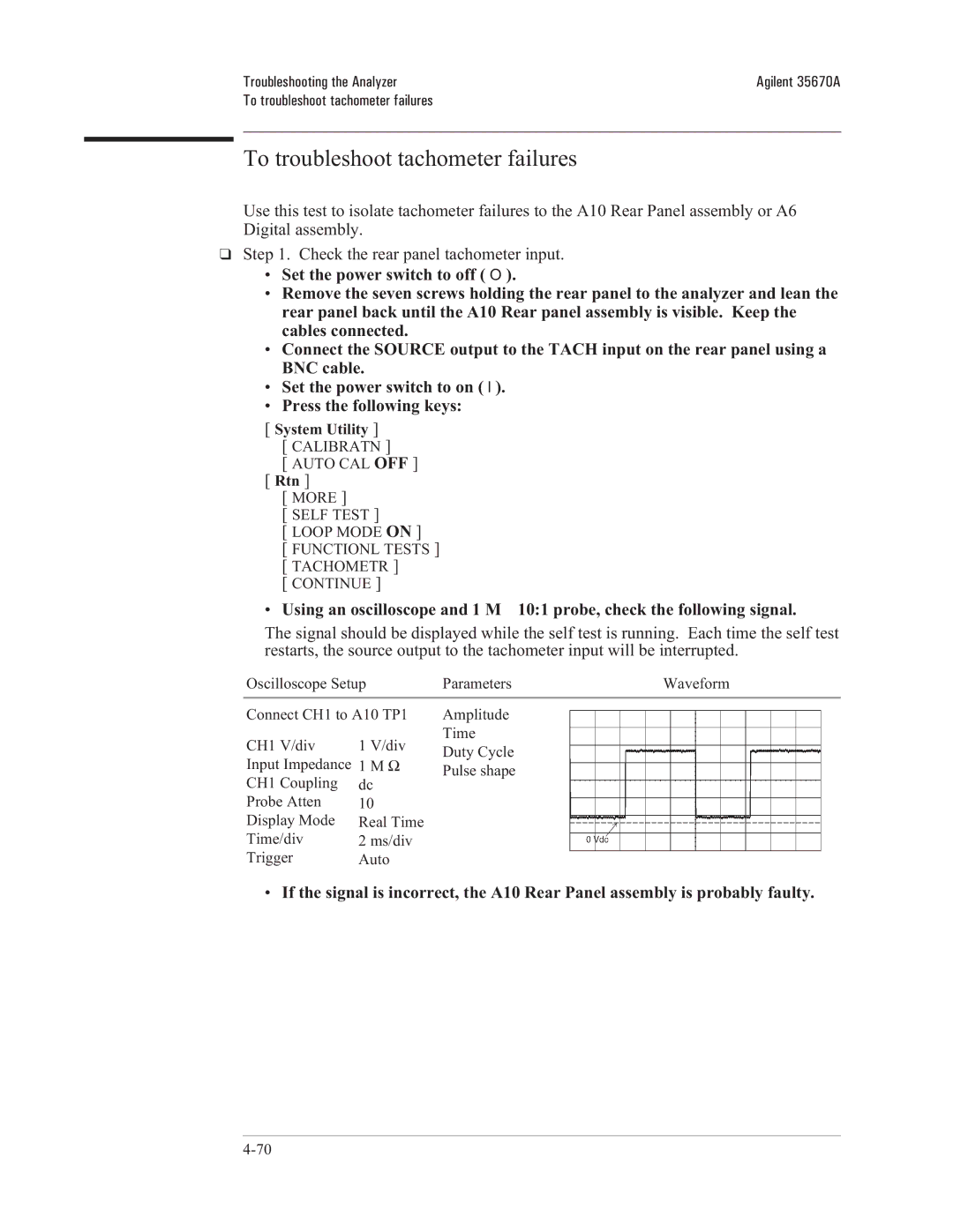 Agilent Technologies 35670-90066 manual To troubleshoot tachometer failures, Oscilloscope Setup Parameters 