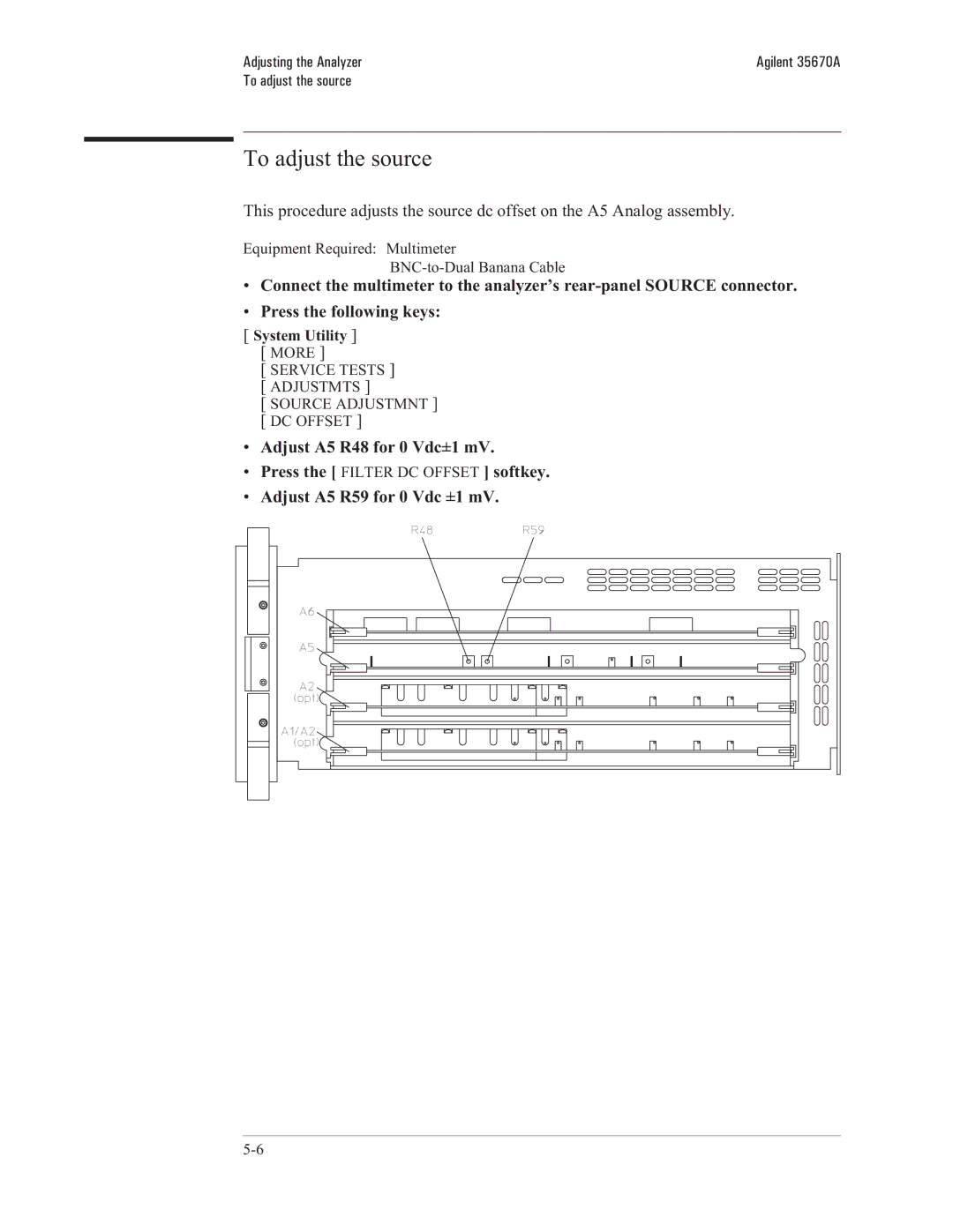 Agilent Technologies 35670-90066 manual To adjust the source, Equipment Required Multimeter 