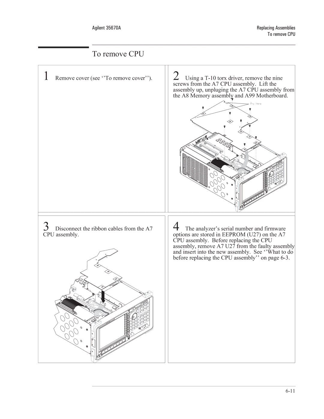 Agilent Technologies 35670-90066 manual To remove CPU 