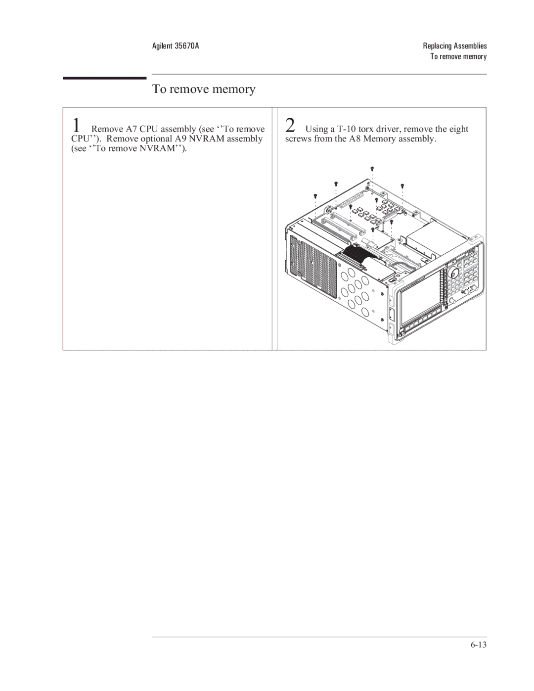 Agilent Technologies 35670-90066 manual To remove memory 