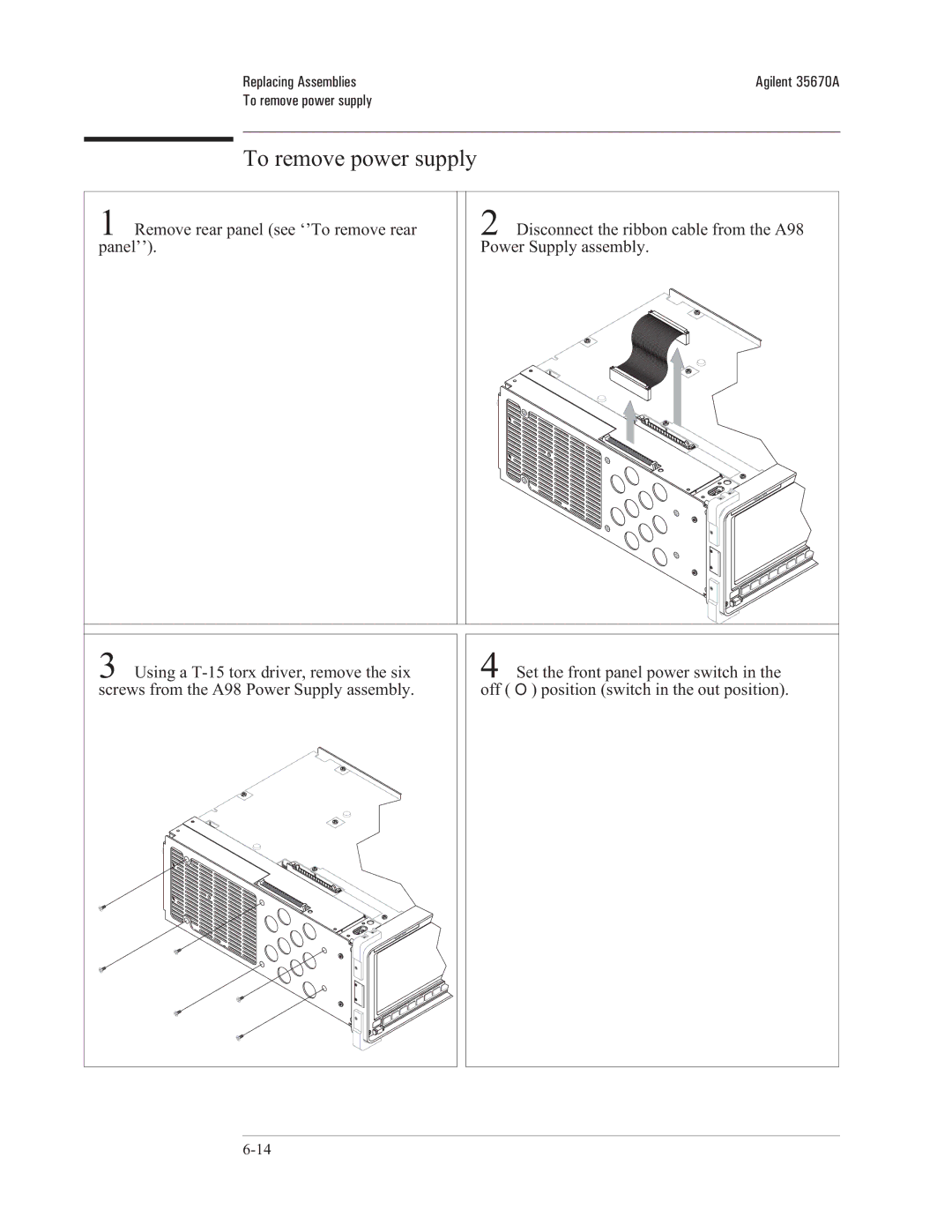 Agilent Technologies 35670-90066 manual To remove power supply 