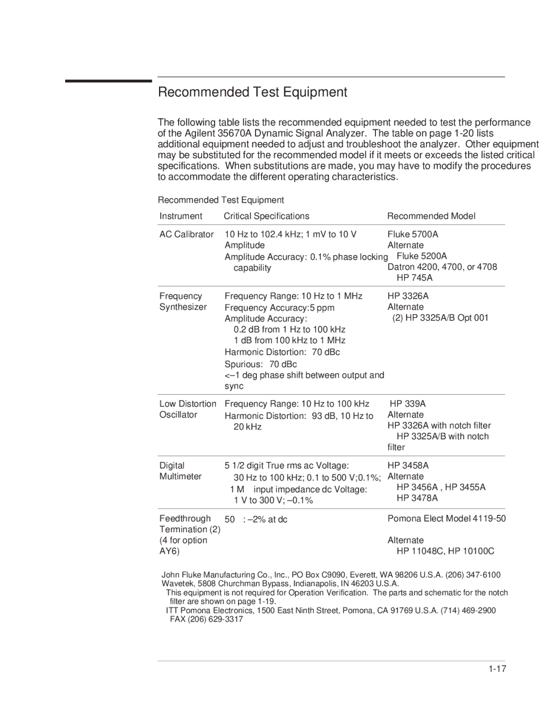 Agilent Technologies 35670-90066 manual Recommended Test Equipment 