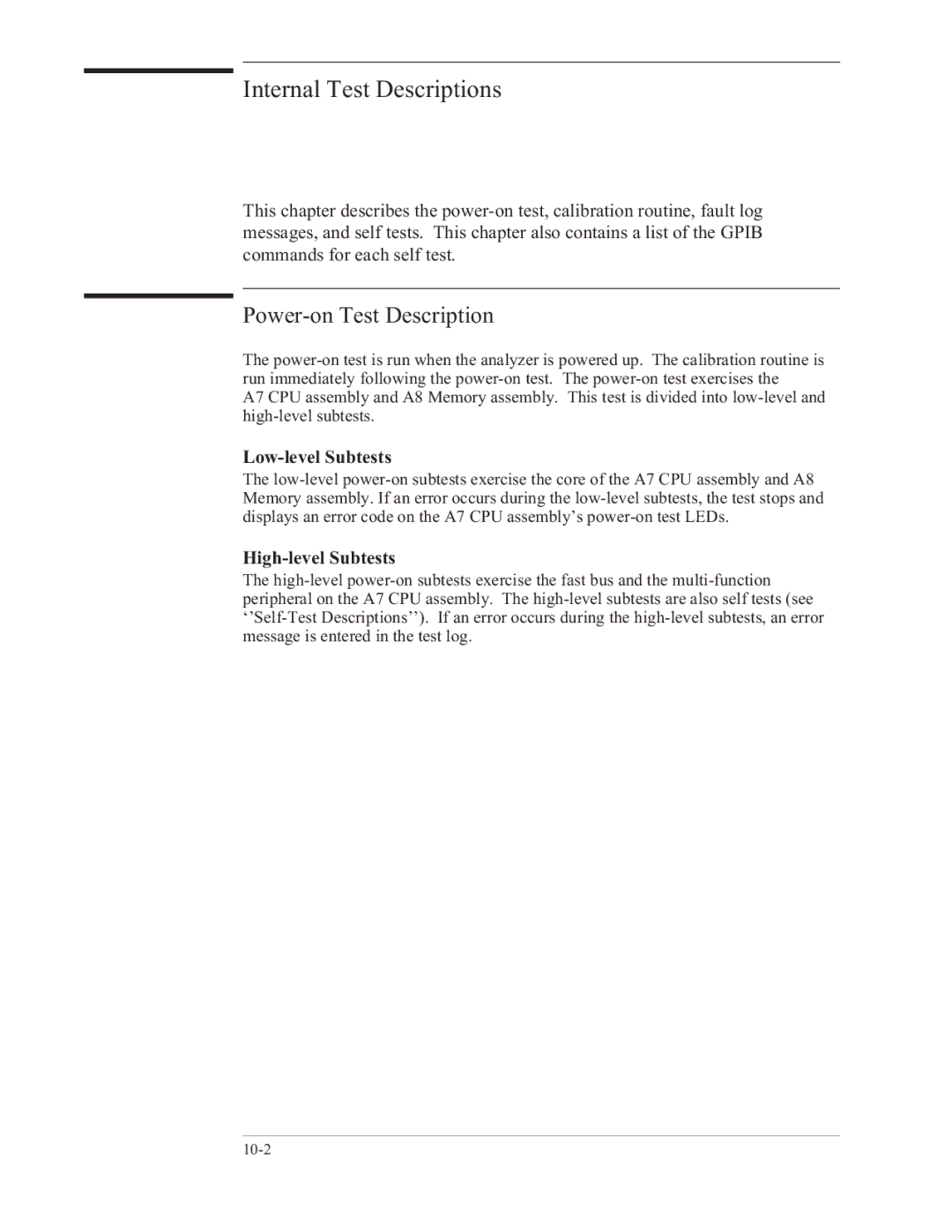 Agilent Technologies 35670-90066 manual Power-on Test Description, Low-level Subtests, High-level Subtests 