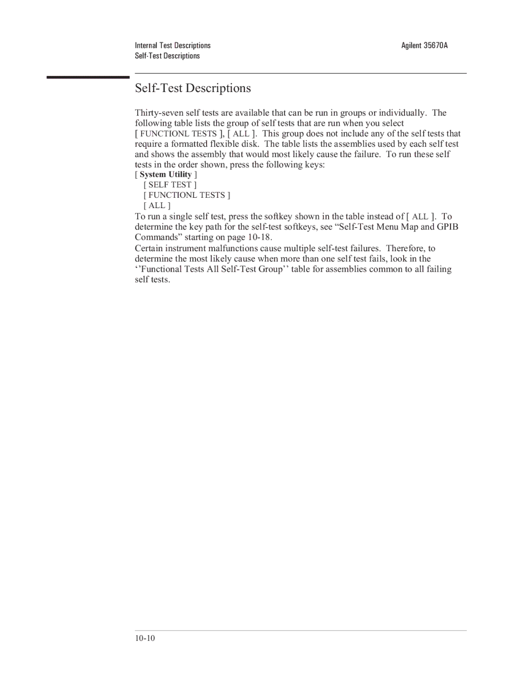 Agilent Technologies 35670-90066 manual Self-Test Descriptions 