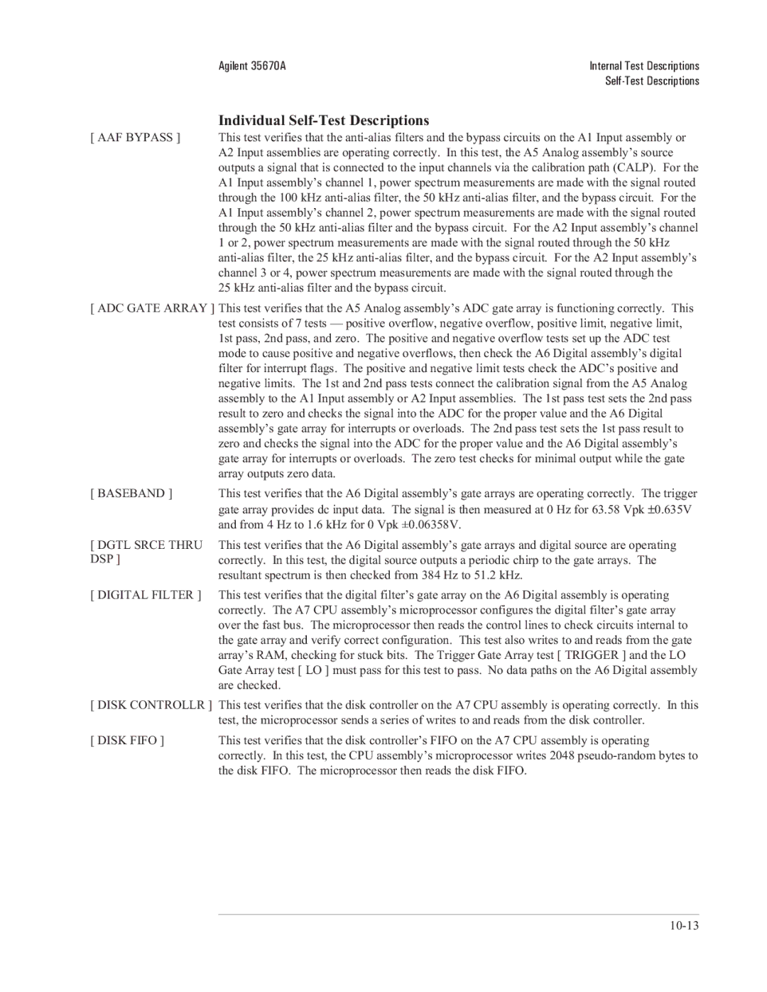 Agilent Technologies 35670-90066 manual Individual Self-Test Descriptions, Dgtl Srce Thru 