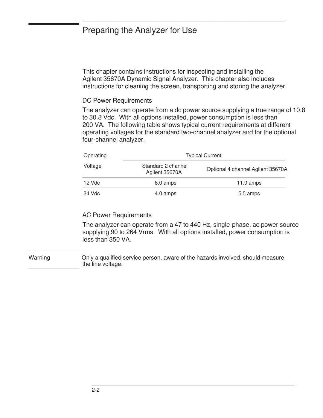 Agilent Technologies 35670-90066 manual DC Power Requirements, AC Power Requirements, Line voltage, Agilent 35670A 