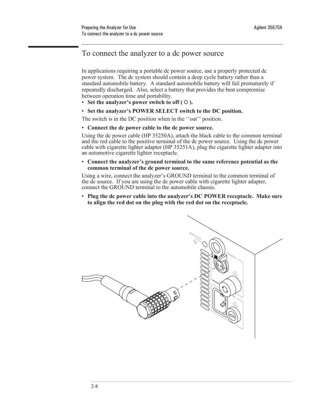 Agilent Technologies 35670-90066 manual To connect the analyzer to a dc power source 