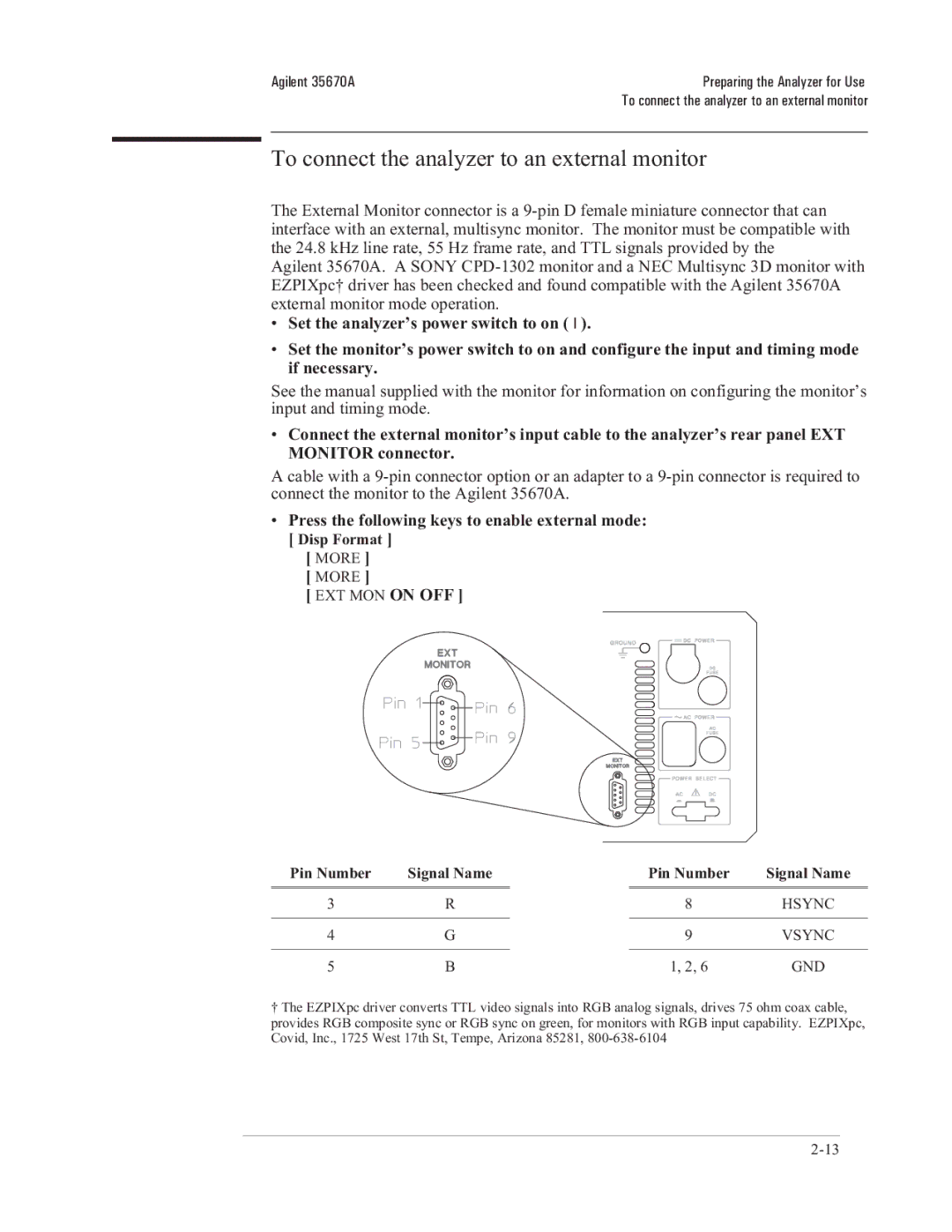 Agilent Technologies 35670-90066 manual To connect the analyzer to an external monitor, Pin Number Signal Name 