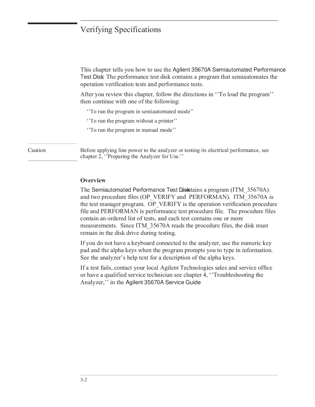 Agilent Technologies 35670-90066 manual Verifying Specifications, Overview 