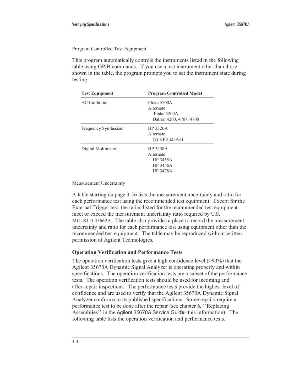 Agilent Technologies 35670-90066 manual Operation Verification and Performance Tests, Program Controlled Test Equipment 