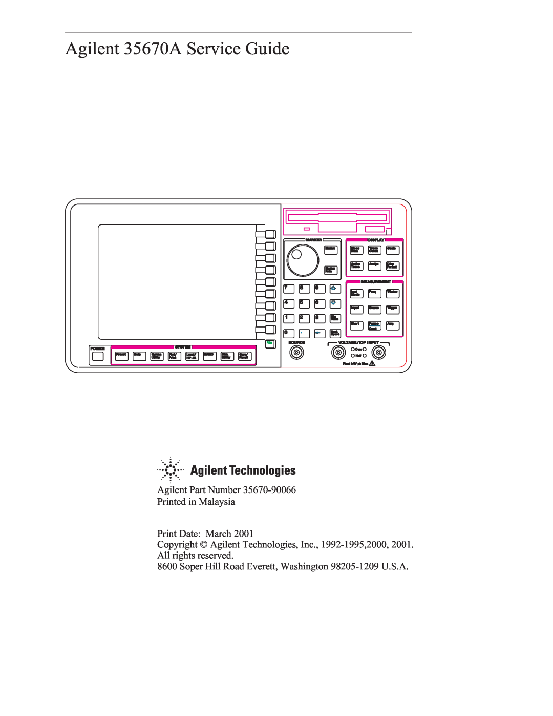 Agilent Technologies 35670-90066 manual Agilent 35670A Service Guide, Agilent Part Number Printed in Malaysia 