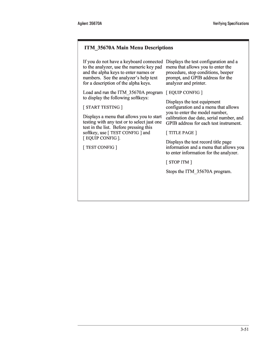 Agilent Technologies 35670-90066 manual ITM_35670A Main Menu Descriptions 