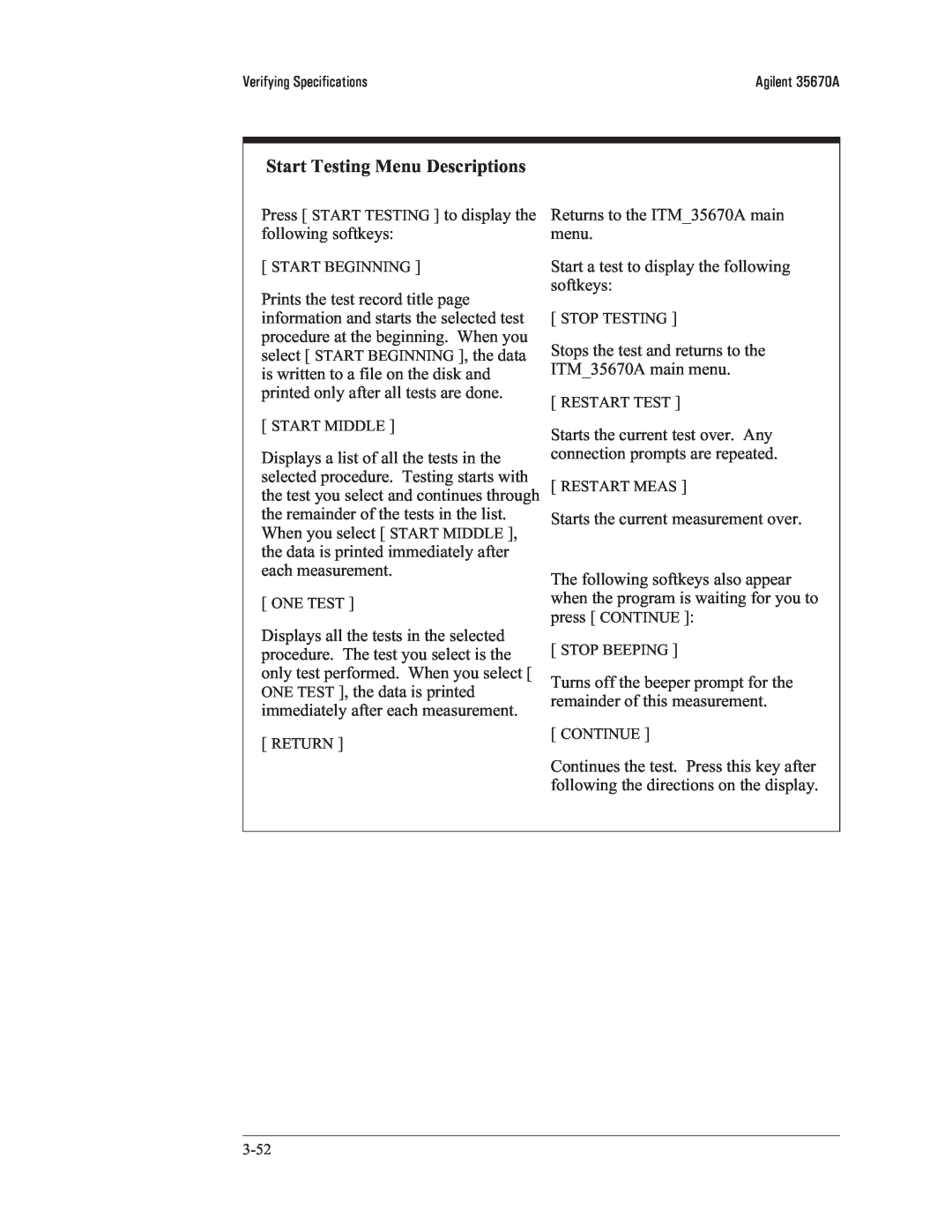 Agilent Technologies 35670-90066 manual Start Testing Menu Descriptions 