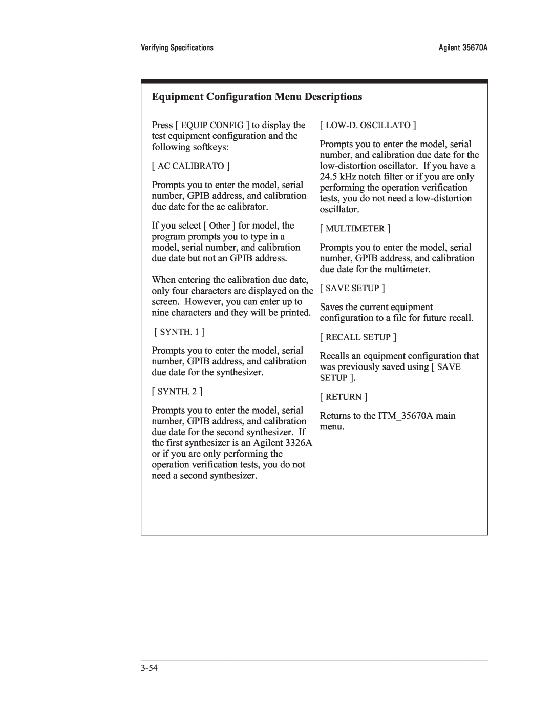 Agilent Technologies 35670-90066 manual Equipment Configuration Menu Descriptions 