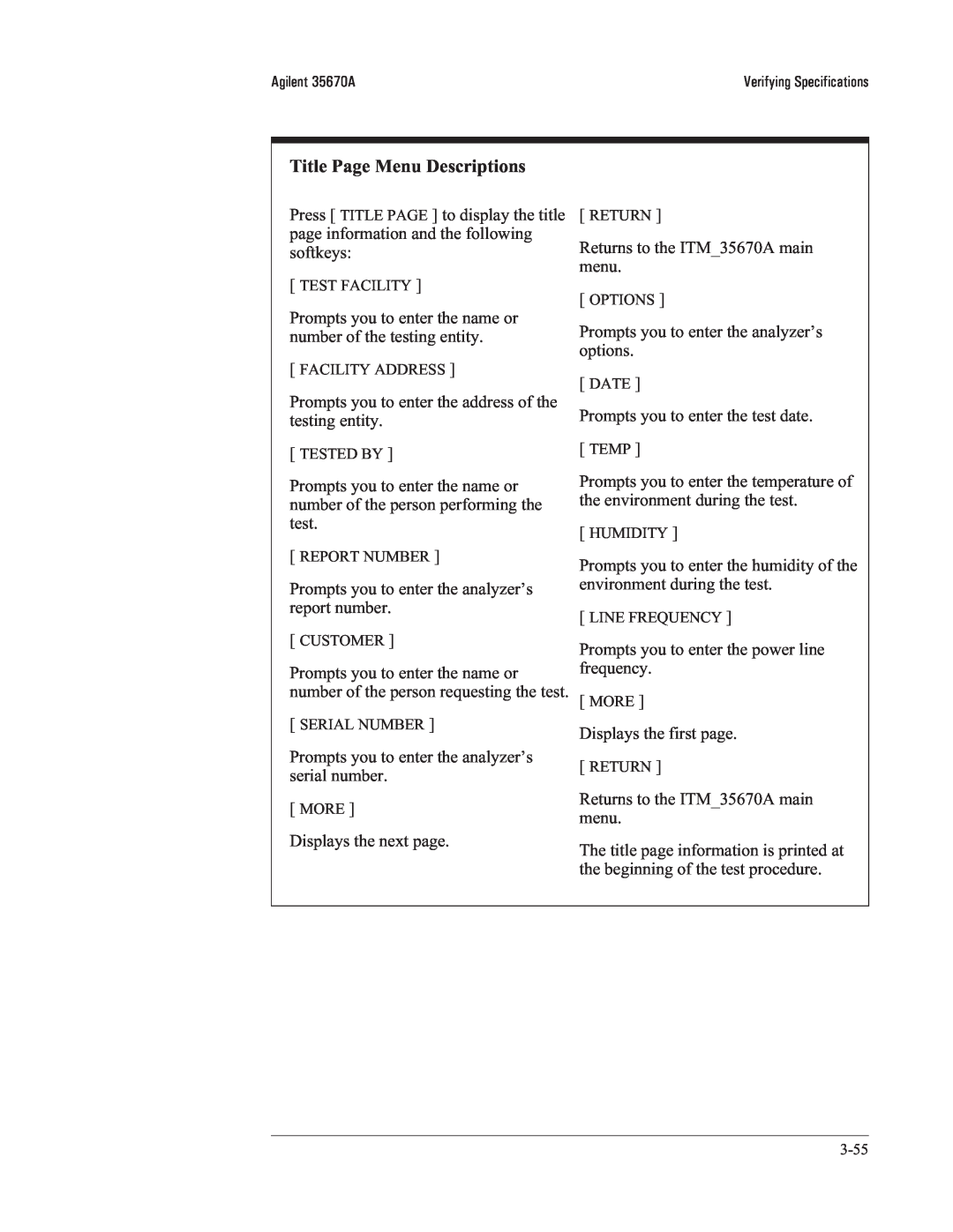 Agilent Technologies 35670-90066 manual Title Page Menu Descriptions 