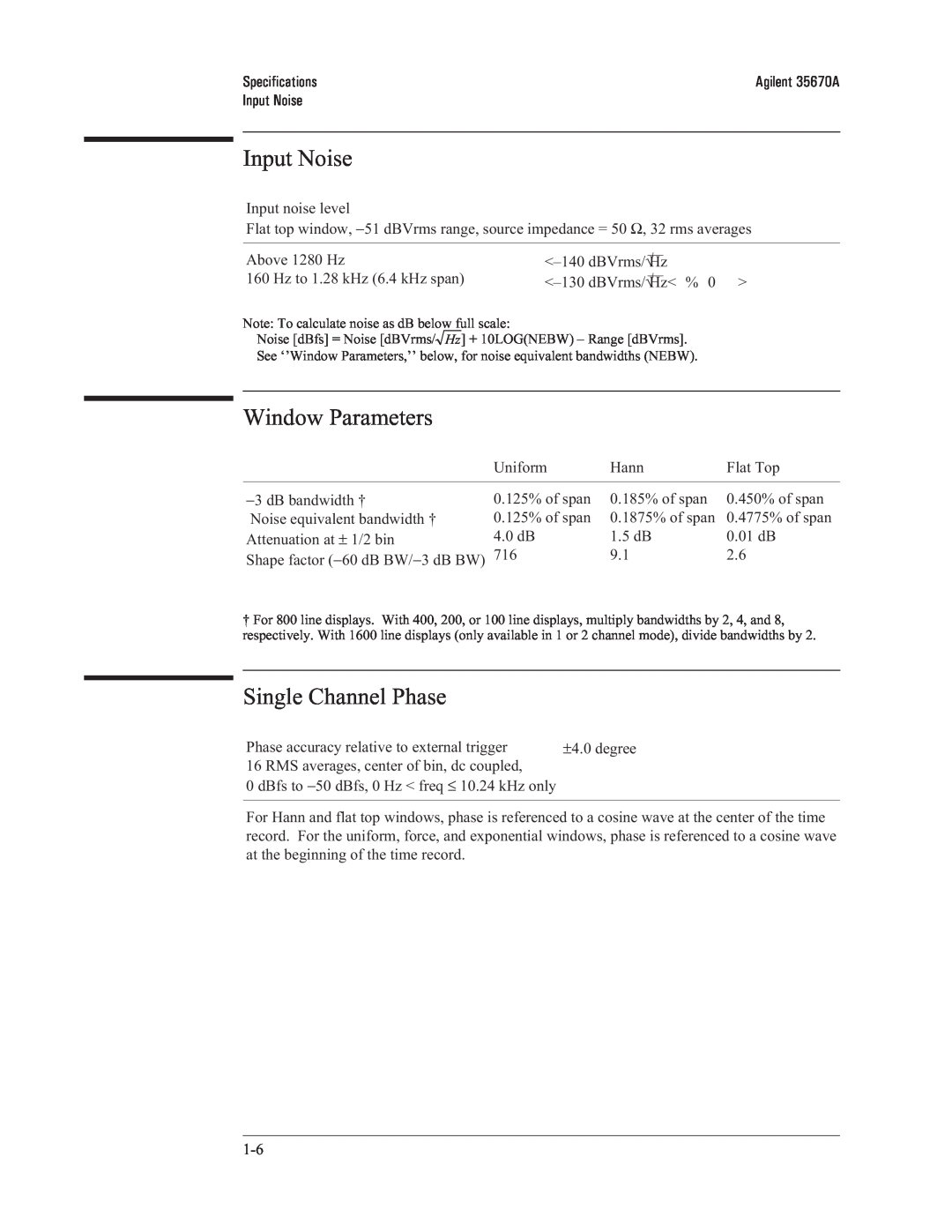 Agilent Technologies 35670-90066 manual Input Noise, Window Parameters, Single Channel Phase 