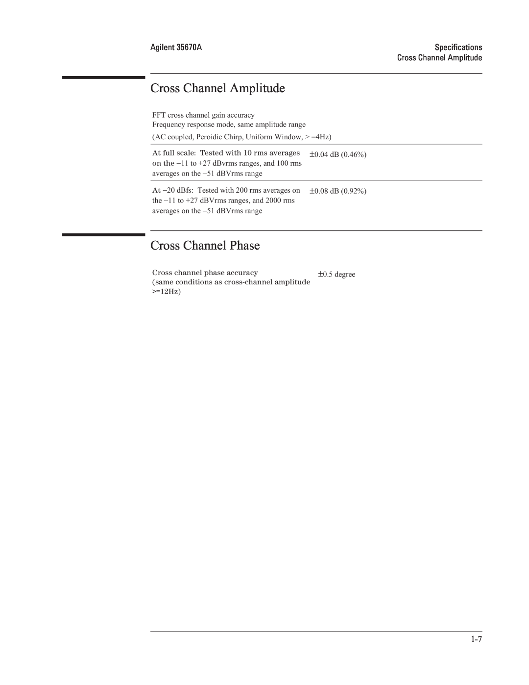 Agilent Technologies 35670-90066 manual Cross Channel Amplitude, Cross Channel Phase, Agilent 35670A, Specifications 