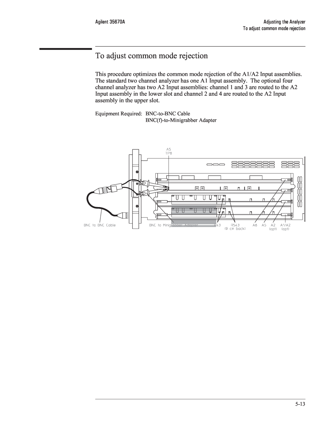 Agilent Technologies 35670-90066 manual To adjust common mode rejection, Equipment Required BNC-to-BNCCable 