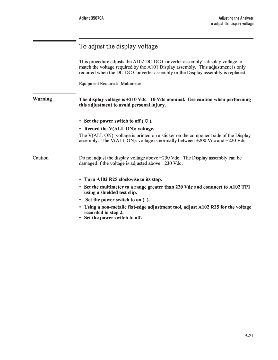 Agilent Technologies 35670-90066 manual To adjust the display voltage 