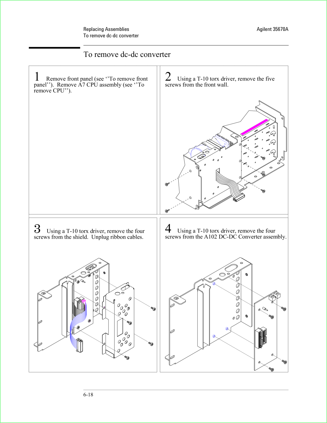 Agilent Technologies 35670-90066 manual To remove dc-dcconverter, Replacing Assemblies 
