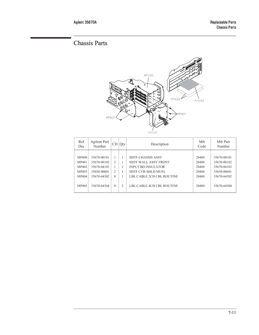 Agilent Technologies 35670-90066 manual Chassis Parts, Agilent 35670A 