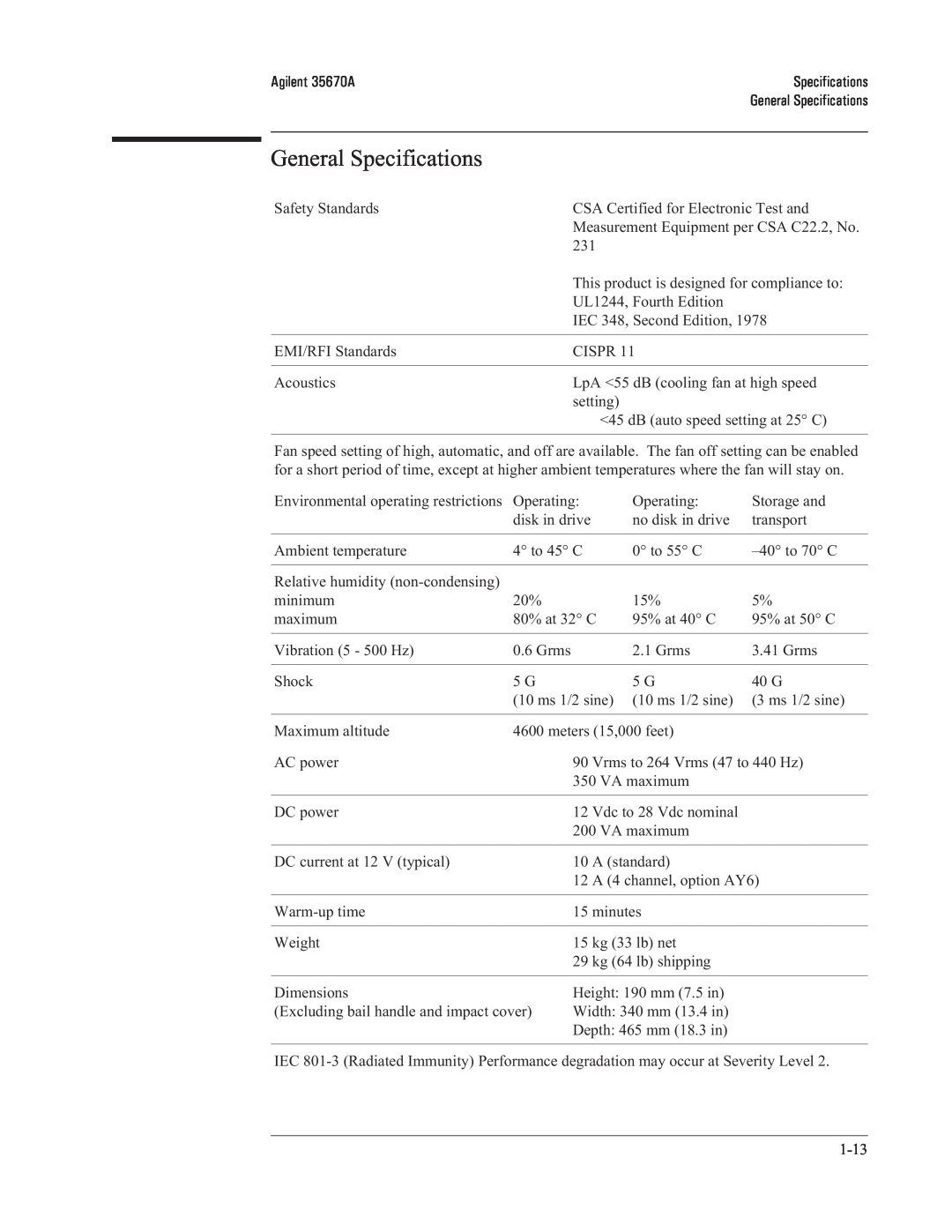 Agilent Technologies 35670-90066 manual General Specifications 