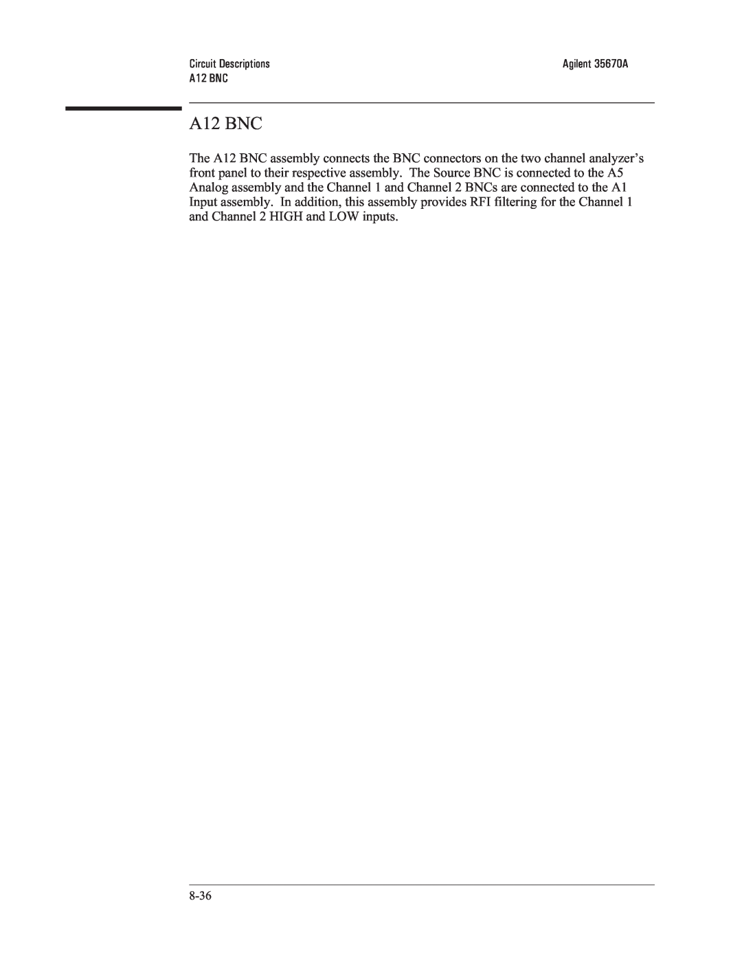 Agilent Technologies 35670-90066 manual A12 BNC, Circuit Descriptions 