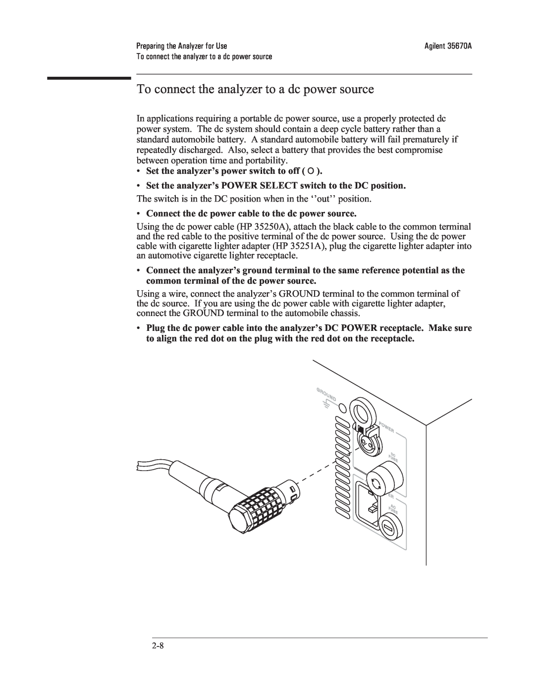 Agilent Technologies 35670-90066 manual To connect the analyzer to a dc power source 