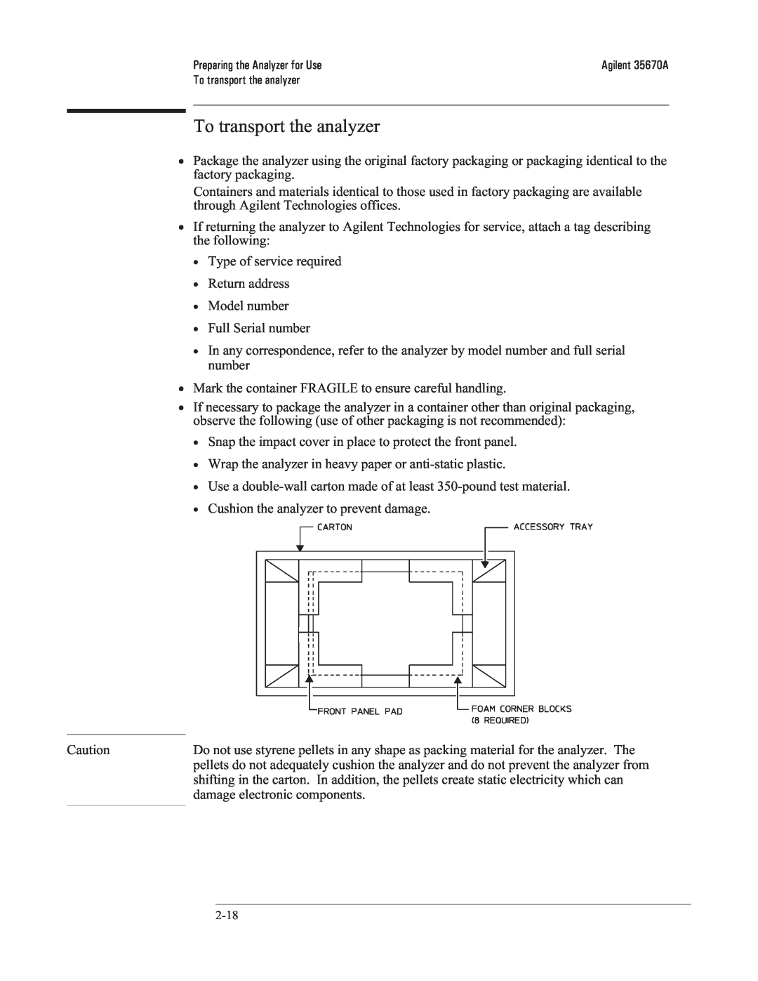 Agilent Technologies 35670-90066 manual To transport the analyzer 