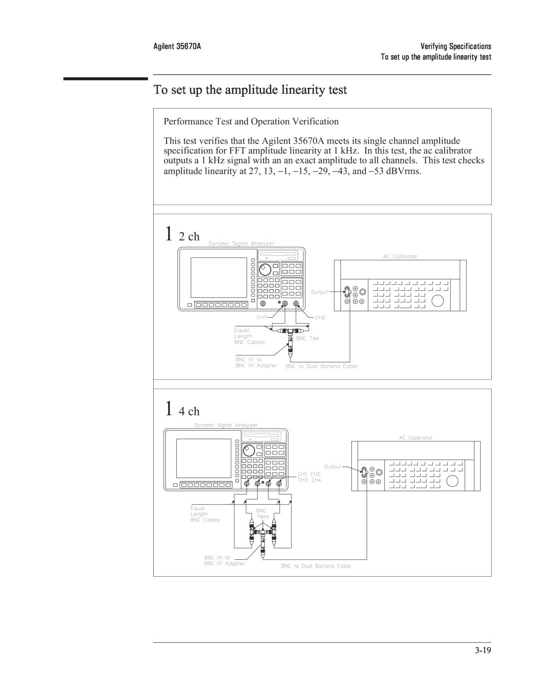 Agilent Technologies 35670-90066 manual To set up the amplitude linearity test, 1 2 ch, 1 4 ch 