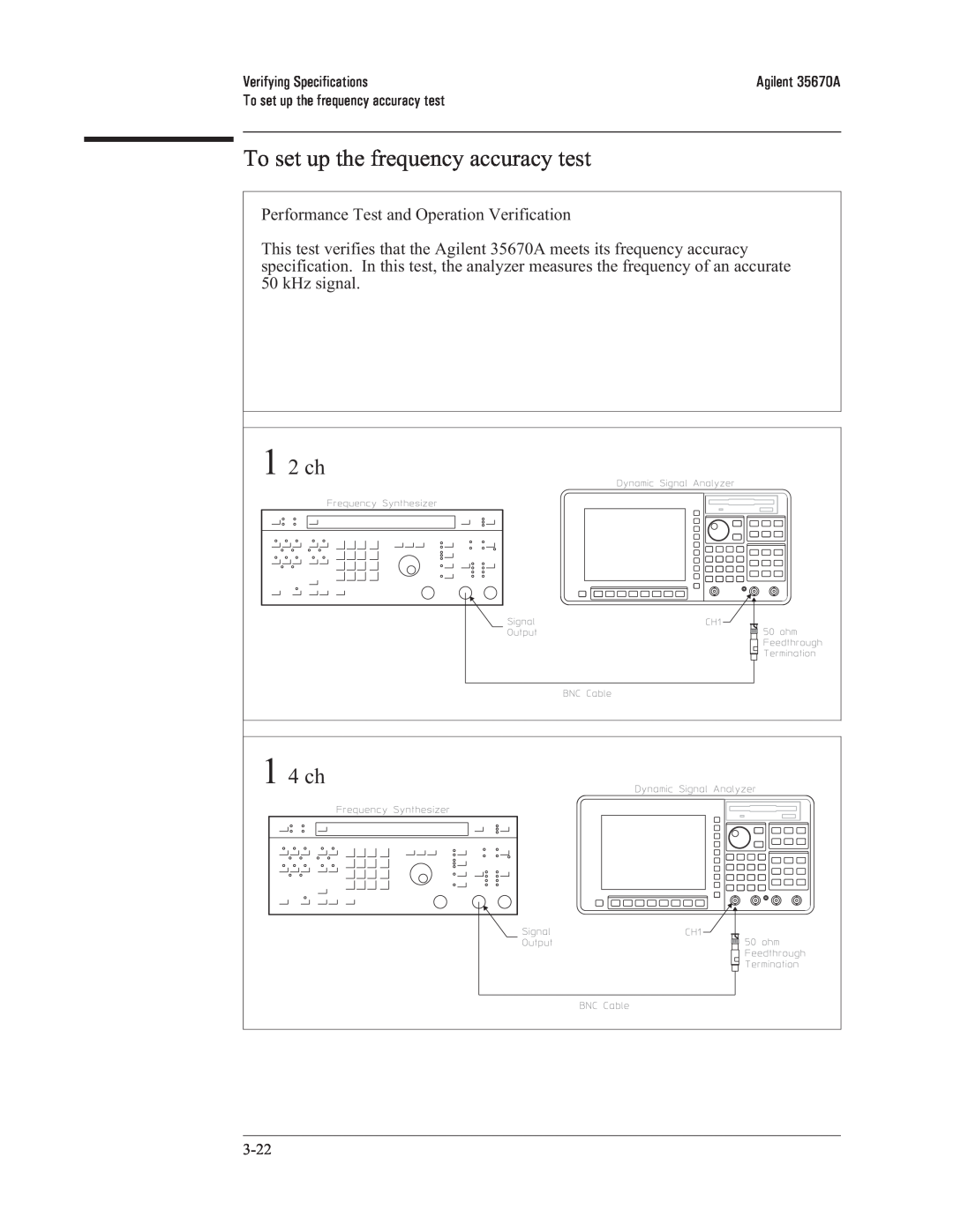 Agilent Technologies 35670-90066 manual To set up the frequency accuracy test, 1 2 ch, 1 4 ch, Verifying Specifications 