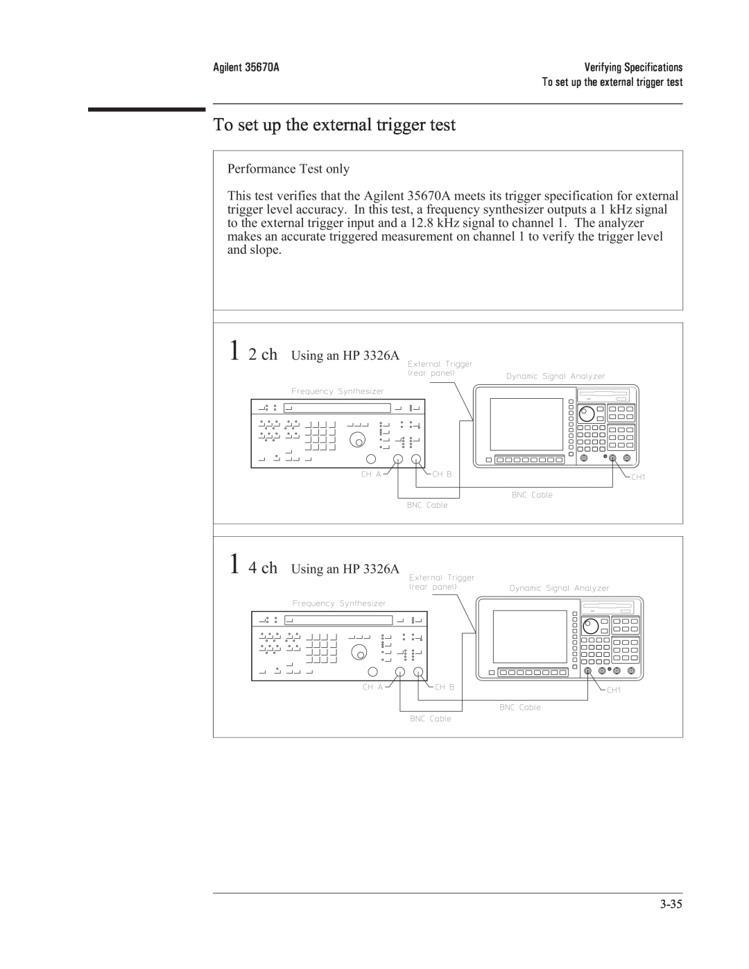 Agilent Technologies 35670-90066 manual To set up the external trigger test, 1 2 ch, 1 4 ch 