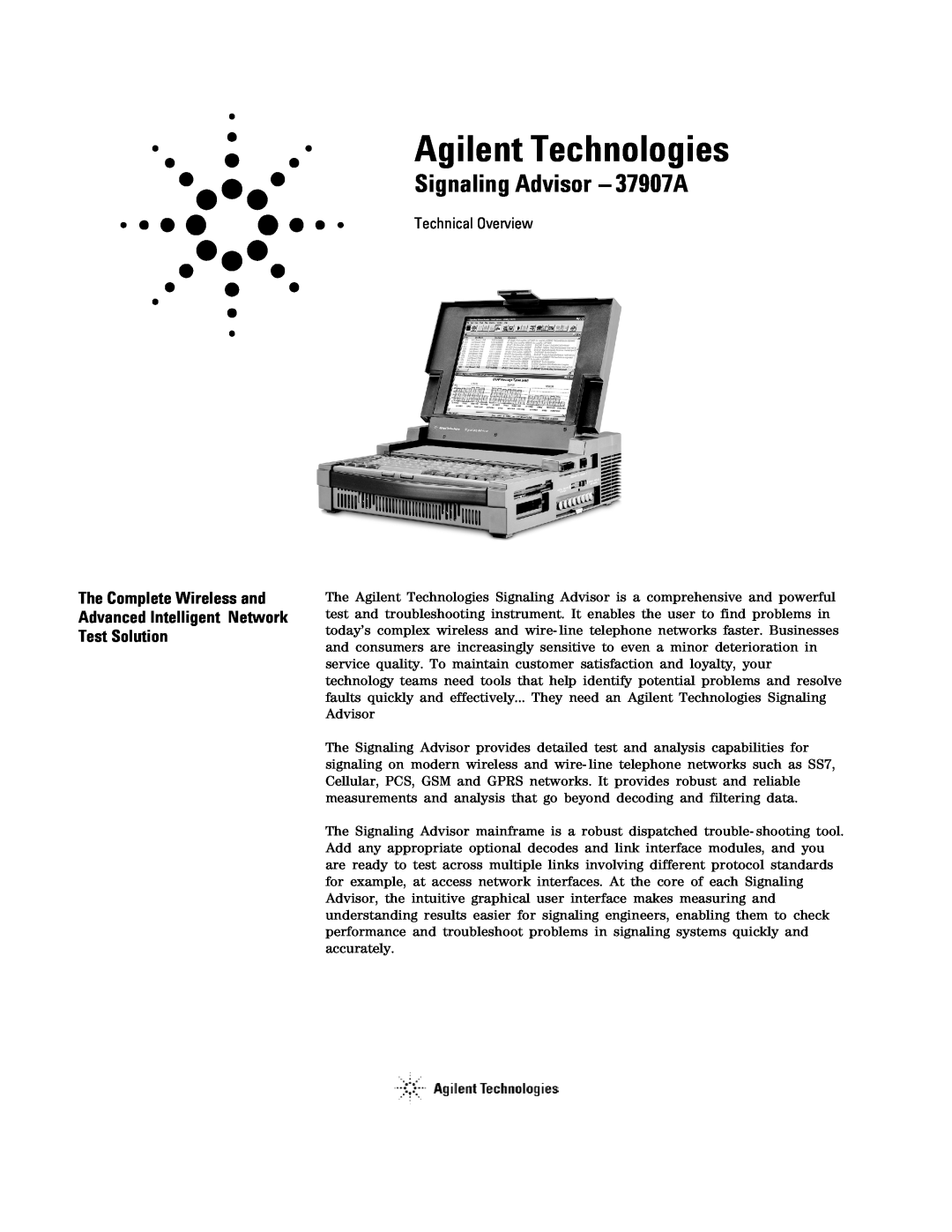 Agilent Technologies 37907A manual The Complete Wireless and Advanced Intelligent Network Test Solution 