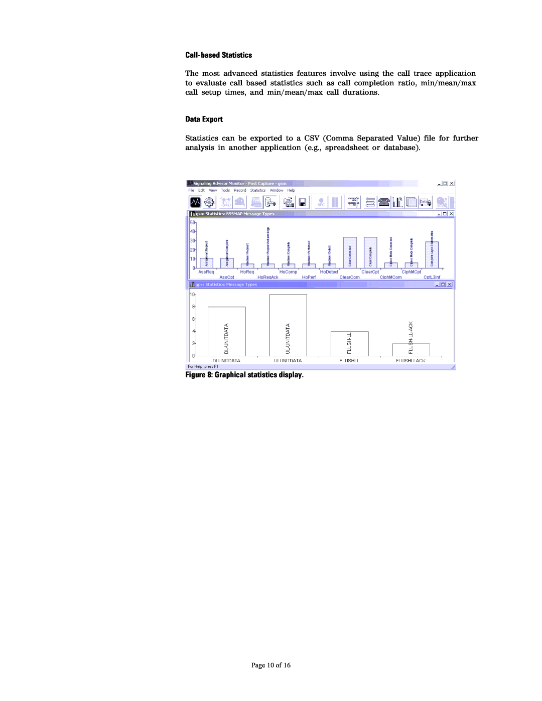 Agilent Technologies 37907A manual Call-based Statistics, Data Export, Graphical statistics display, Page 10 of 
