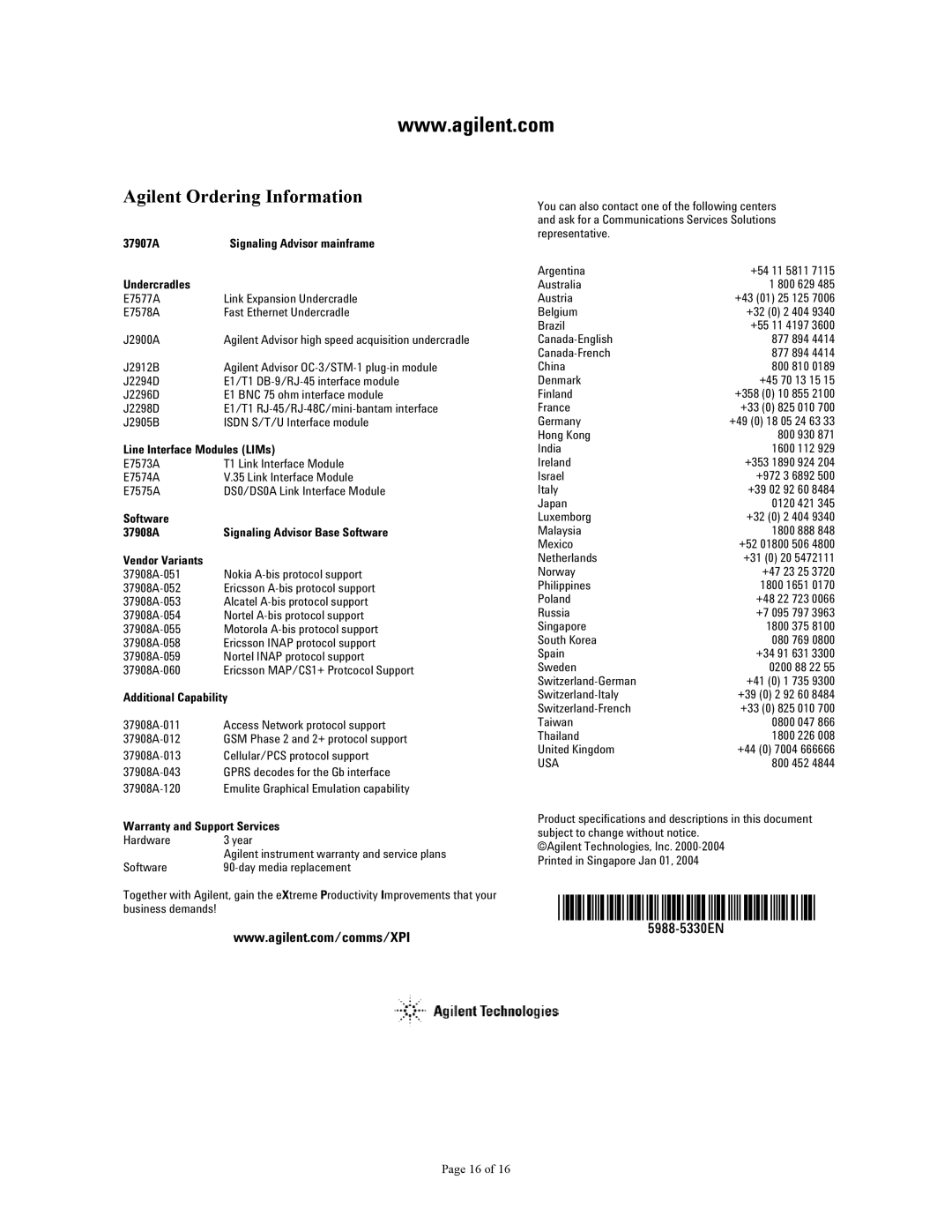 Agilent Technologies 37907A manual Agilent Ordering Information, 5988-5330EN 