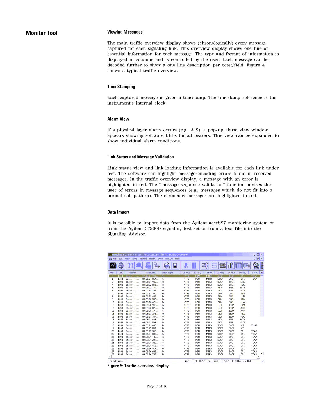 Agilent Technologies 37907A Viewing Messages, Time Stamping, Alarm View, Link Status and Message Validation, Data Import 