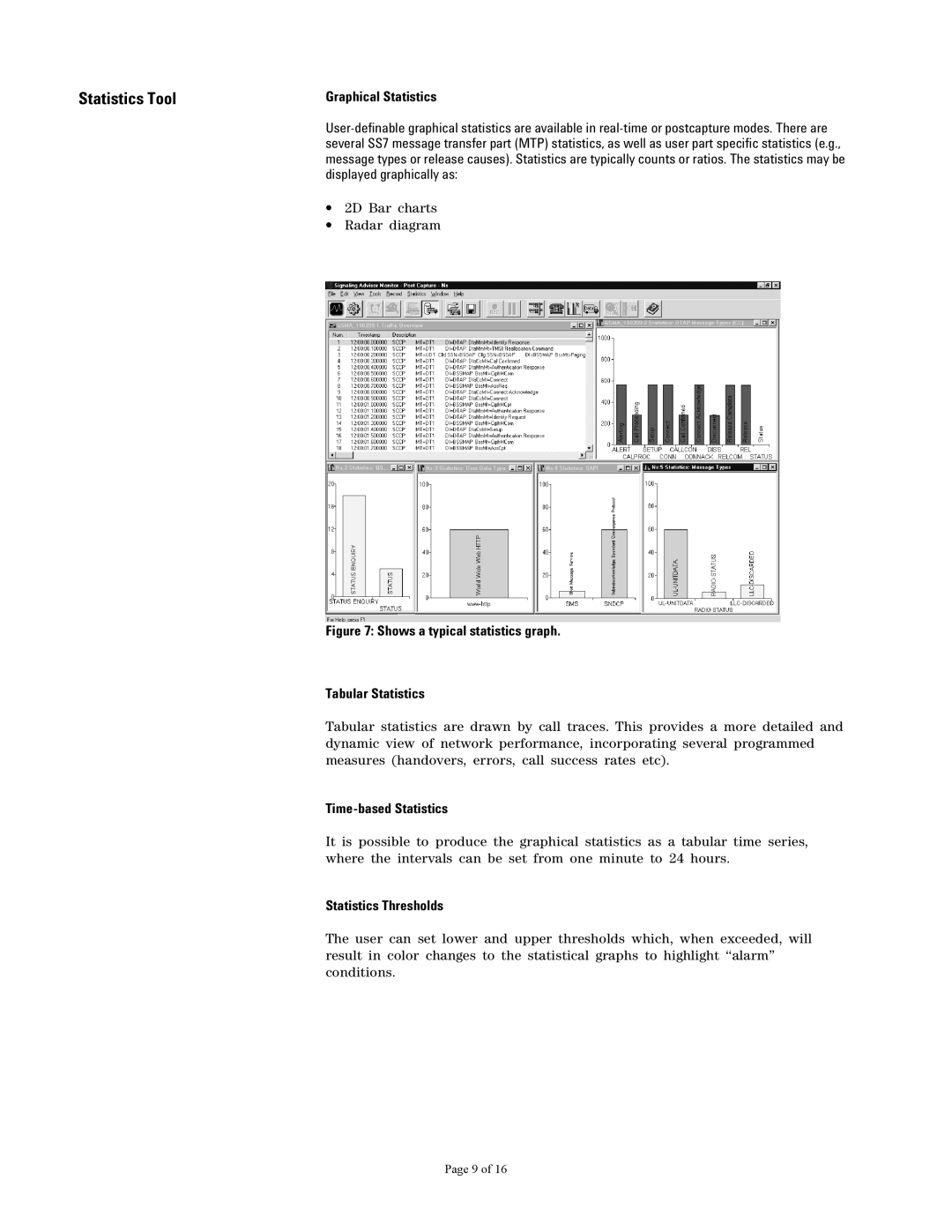 Agilent Technologies 37907A manual Statistics Tool, Graphical Statistics, Time-based Statistics, Statistics Thresholds 