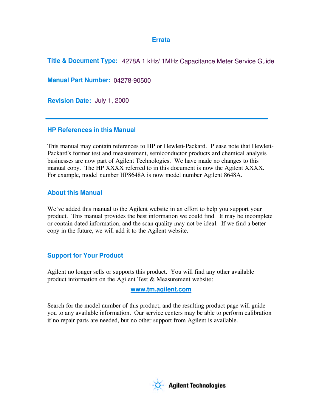Agilent Technologies 4278A manual Errata 