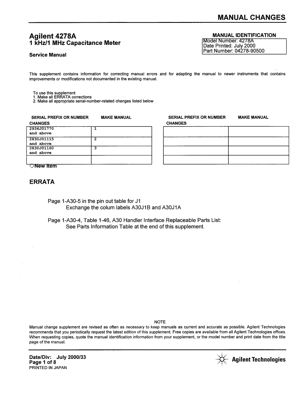 Agilent Technologies 4278A manual 