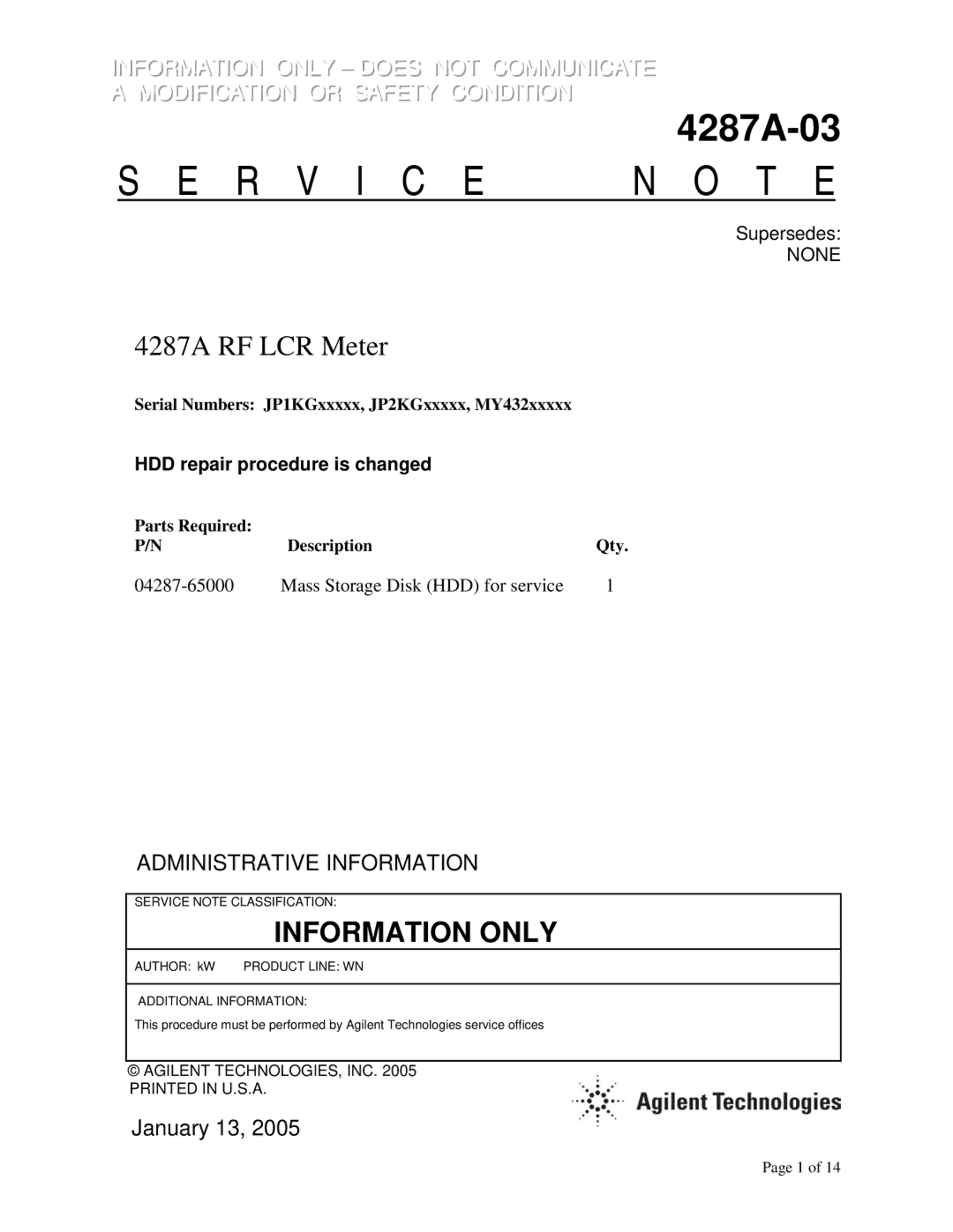 Agilent Technologies 4287A-03 manual R V I C E N O T E 