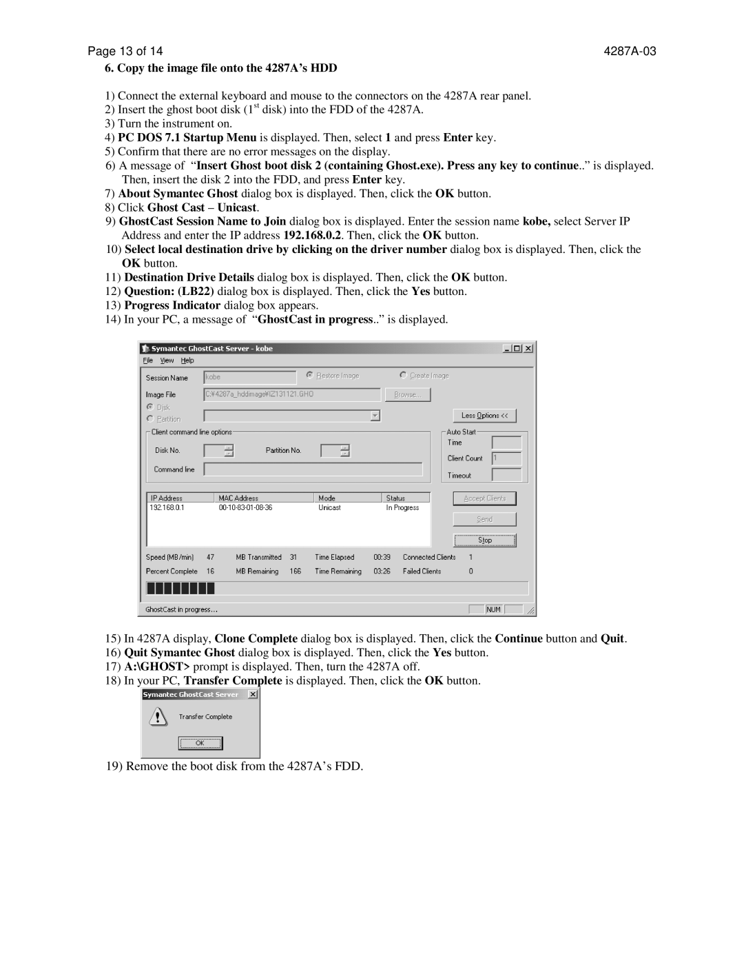 Agilent Technologies 4287A-03 manual Copy the image file onto the 4287A’s HDD, Click Ghost Cast Unicast 