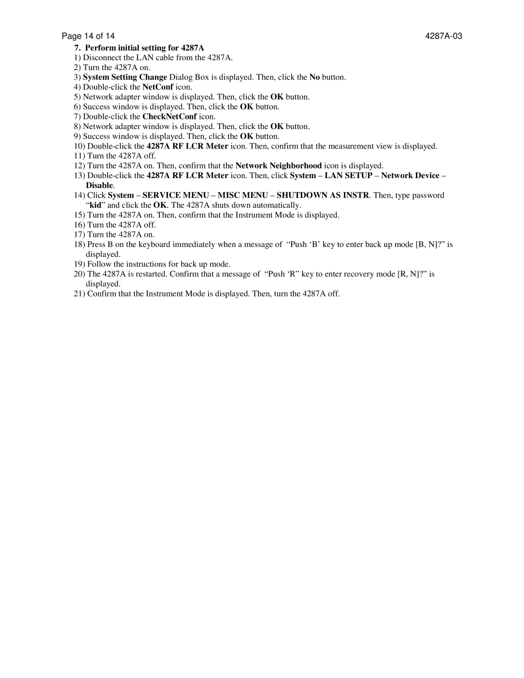 Agilent Technologies 4287A-03 manual Perform initial setting for 4287A 