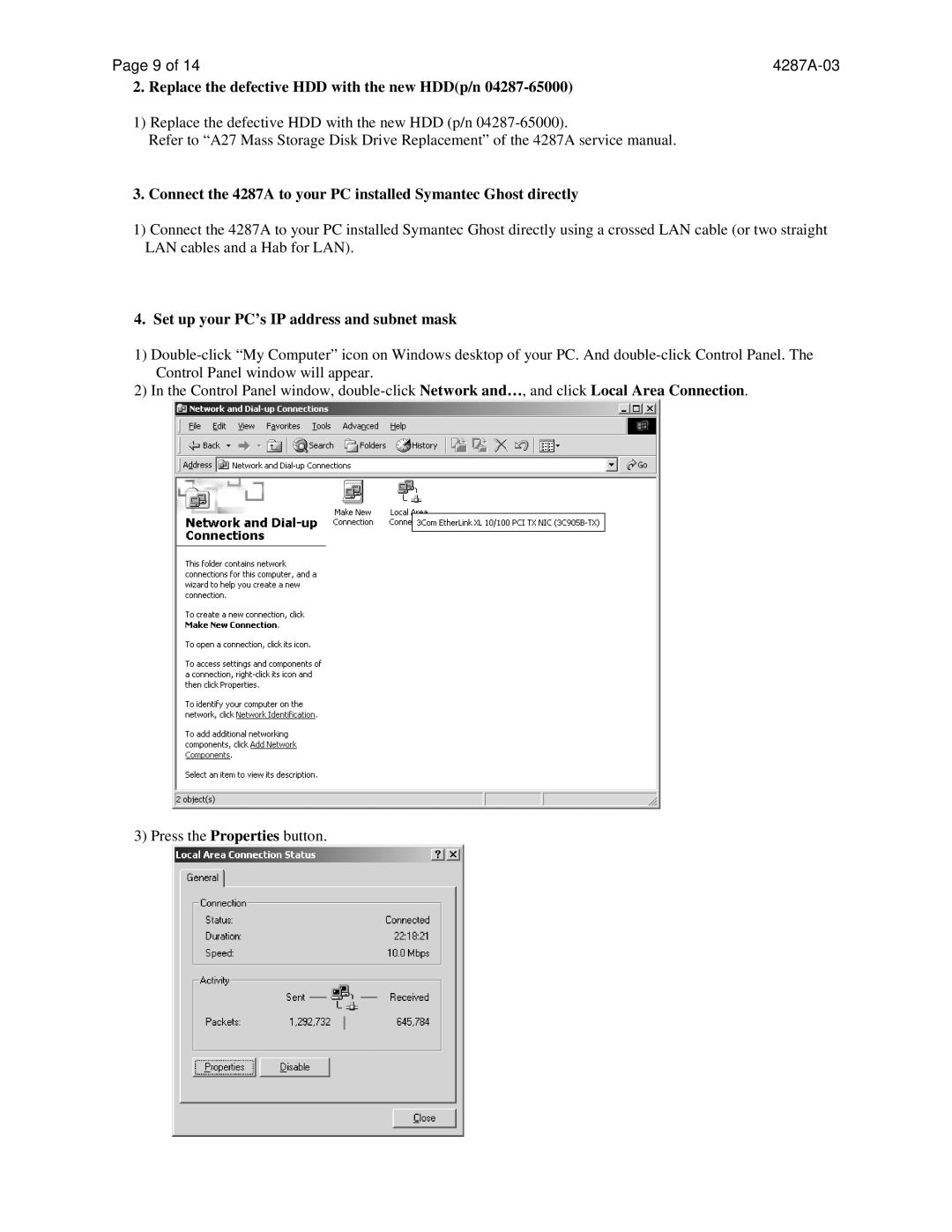 Agilent Technologies 4287A-03 Replace the defective HDD with the new HDDp/n, Set up your PC’s IP address and subnet mask 