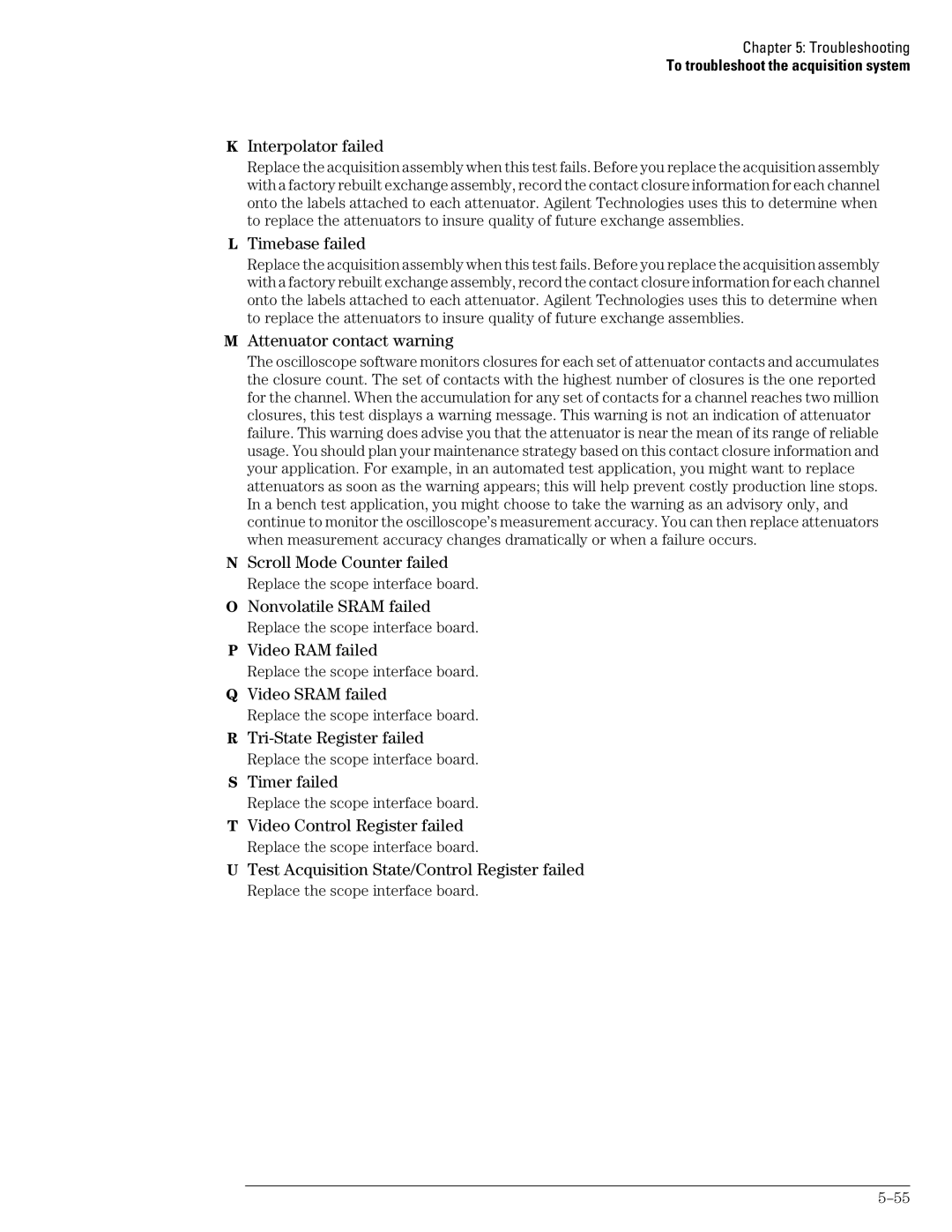 Agilent Technologies 45A, 46A Interpolator failed, Timebase failed, Attenuator contact warning, Scroll Mode Counter failed 