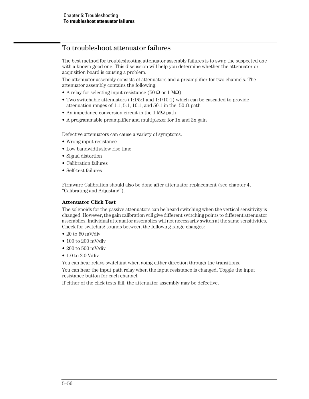 Agilent Technologies 46A, 45A, 54835A manual To troubleshoot attenuator failures, Attenuator Click Test 