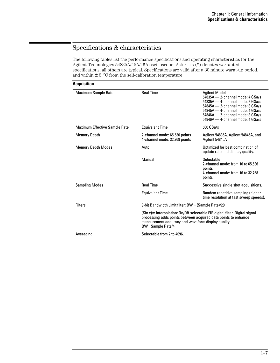 Agilent Technologies 54835A, 45A, 46A manual Specifications & characteristics, Acquisition 