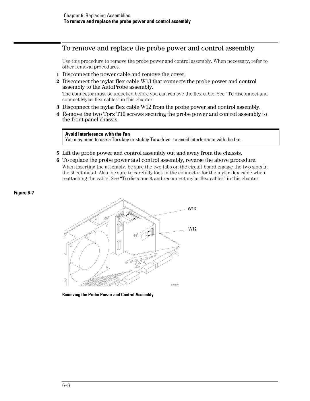 Agilent Technologies 46A, 45A To remove and replace the probe power and control assembly, Avoid Interference with the Fan 