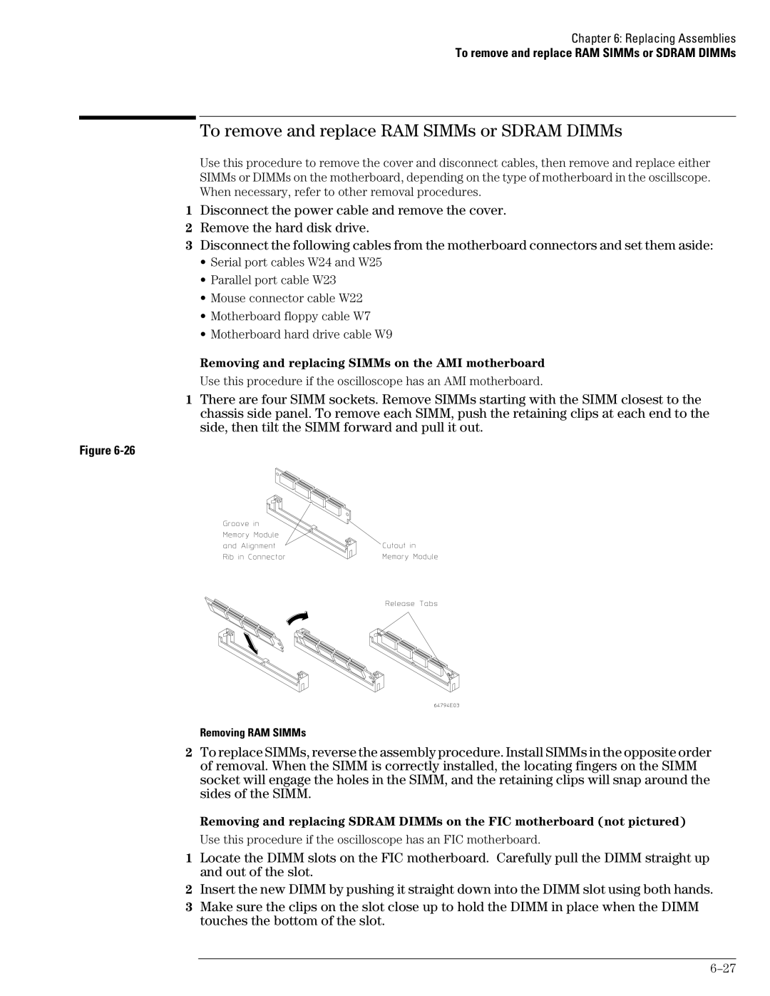 Agilent Technologies 54835A, 45A, 46A manual To remove and replace RAM SIMMs or Sdram DIMMs, Removing RAM SIMMs 